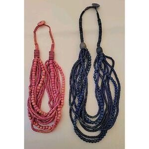 Necklace Dyed Wood Bead Multistrand Tiered Pink Blue Boho Retro Lot Of 2